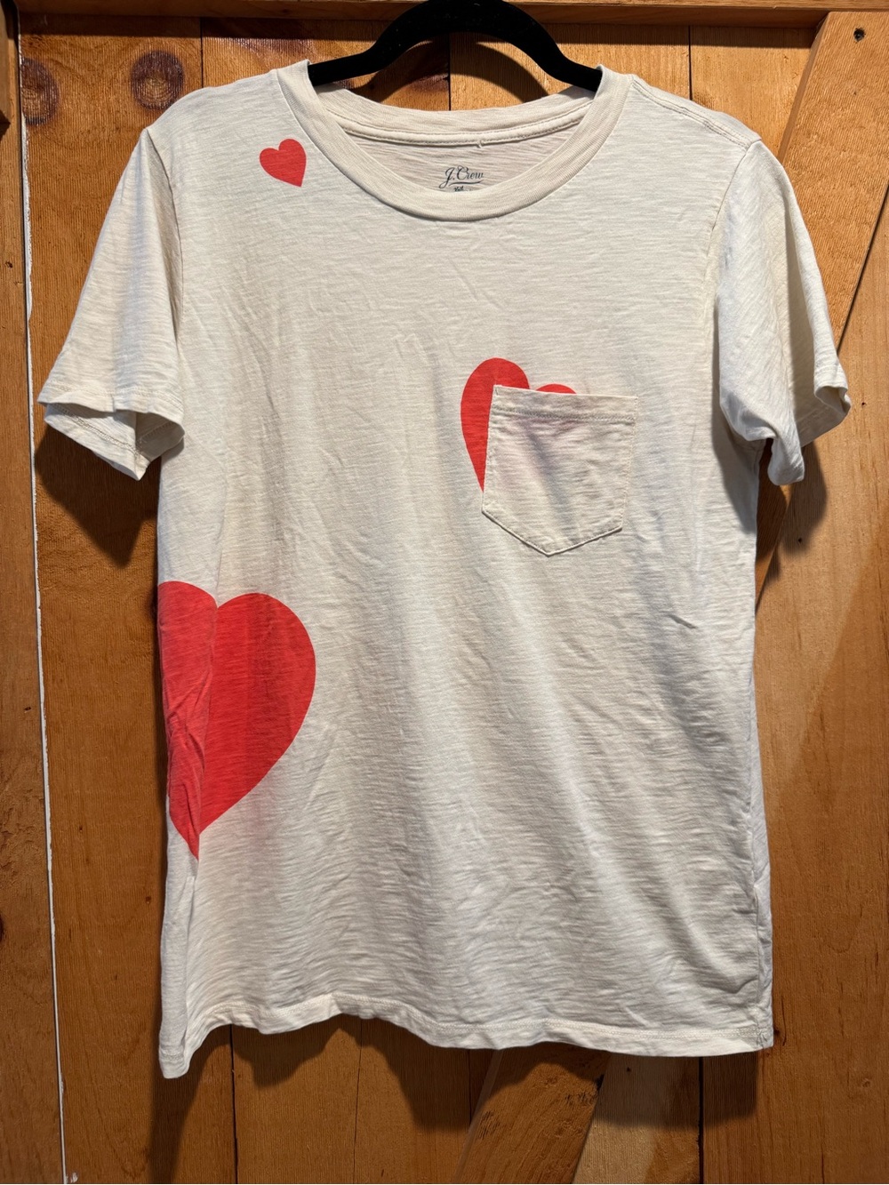 J. Crew Women’s Cream Cotton Short-Sleeve Pocket Tee with Red Heart Graphics, M
